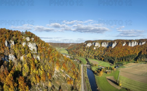Aerial view, panorama of the Upper Danube Valley, surrounded by autumn vegetation with the