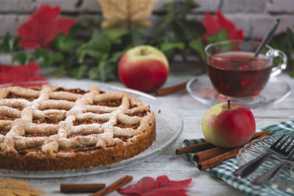 Apple cake with powdered sugar next to tea and apples, surrounded by autumn leaves and cinnamon