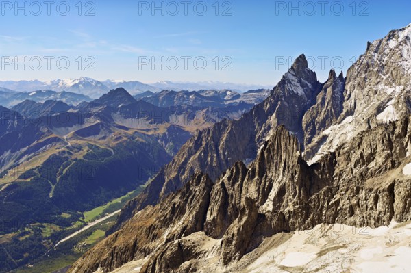View of the mountain l'Aiguille Noire de Peuterey, in the back the Italian Alps, Pointe Helbronner