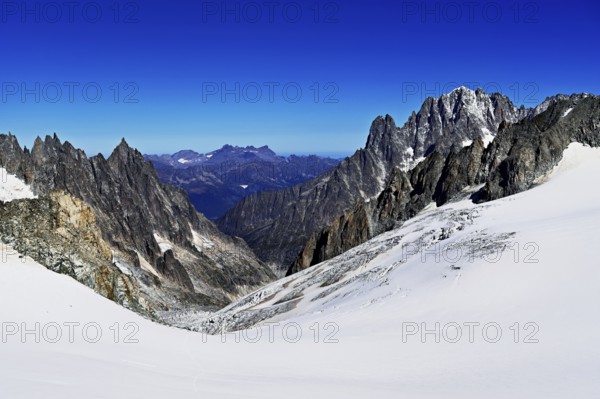 View from the Télécabine Panorama Mont-Blanc of the mountains Aiguille Vert, Les Droites, Les