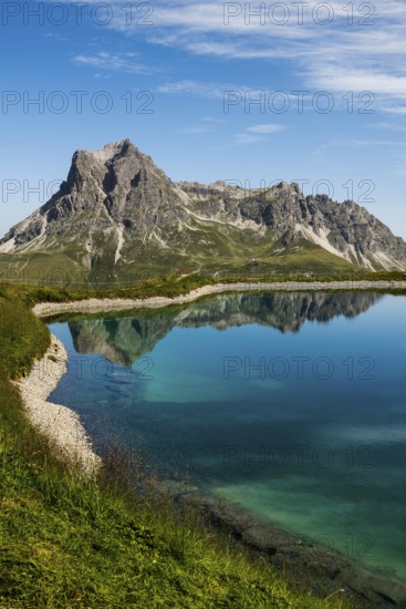 Mountain landscape with reservoir and chairlift, Saloberkopf, Widderstein, Warth, Bregenzerwald,