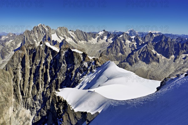 View from the Aiguille du Midi mountain station observation deck of the mountains Aiguille Vert,
