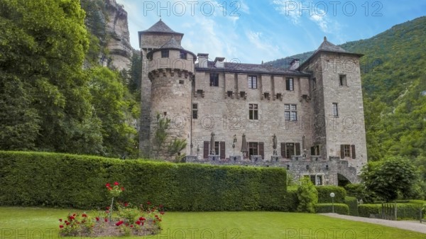View of Hotel Chateau De La Caze in Gorge du Tarn Gorge, Sainte-Enimie, Gorges du Tarn Causses,