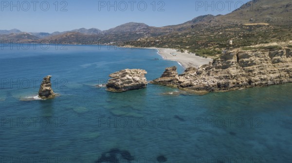 Aerial view from the front Excursion destination Triopetra three rocks rocky landscape next to the