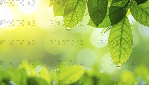Natural green leaves plants, spring ans summer background cover page, golden soft light, green and