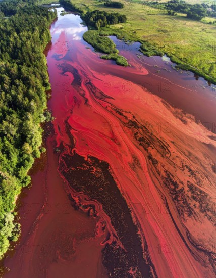 Red algae plant on the lake. abstract ecology nature concept, wild landscape with vibrant red