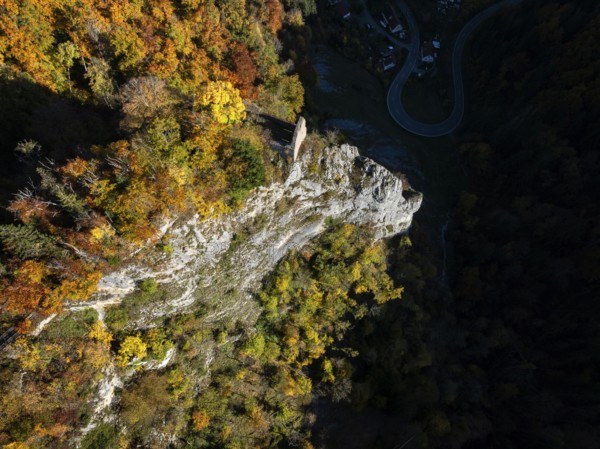 Aerial view of the viewpoint, shovels and Hausen Castle, also known as the Hausen ruins, surrounded