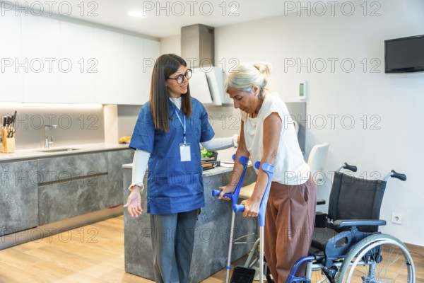 Home nurse assisting a senior woman using crutches to walk, providing support and physical therapy