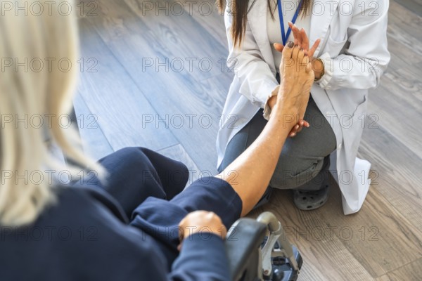 Medical professional in a white lab coat examining a senior patient's bare foot, providing care and