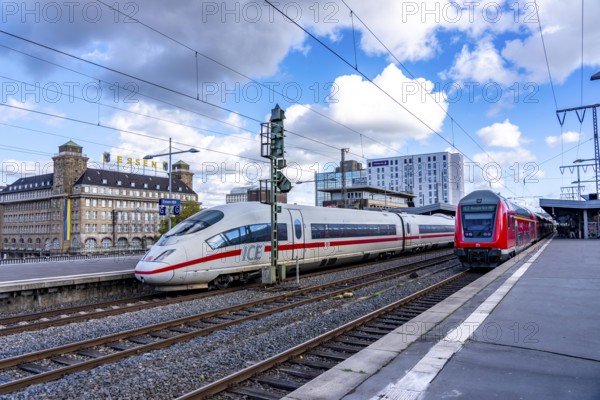 ICE train on track 2 in Essen main station, regional express, view of the city center, Handelshof