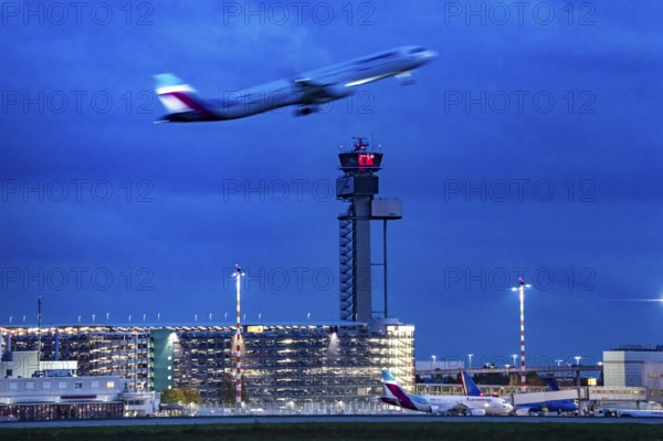 Airplane taking off from Düsseldorf Airport, Air Traffic Control Tower, North Rhine-Westphalia,