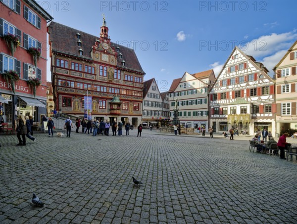 Market square with town hall and Neptune fountain with Neptune and trident from the Renaissance,