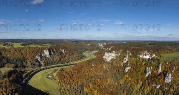 Aerial view, panorama, Upper Danube Valley surrounded by autumn vegetation, Wildenstein Castle on