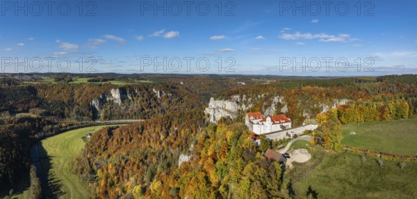 Aerial view, panorama of Wildenstein Castle near Leibertingen, surrounded by autumn vegetation,