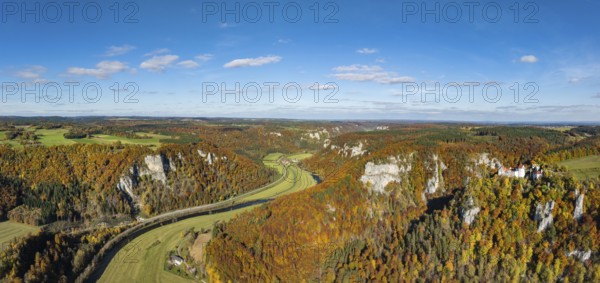 Aerial view, panorama, Upper Danube Valley, surrounded by autumn vegetation, Wildenstein Castle