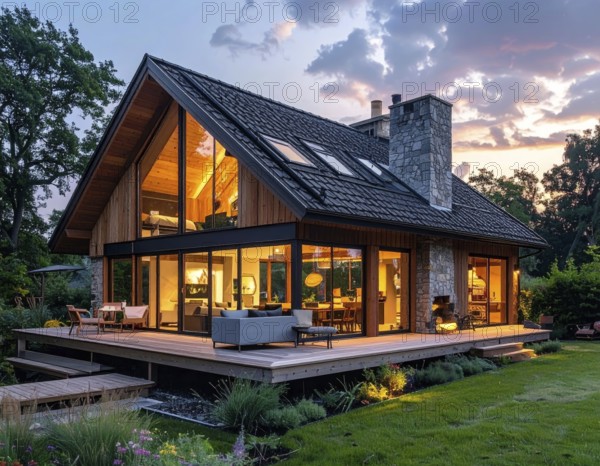 Modern Extension on a Traditional Cottage with Glass and Wood Architecture, green garden with