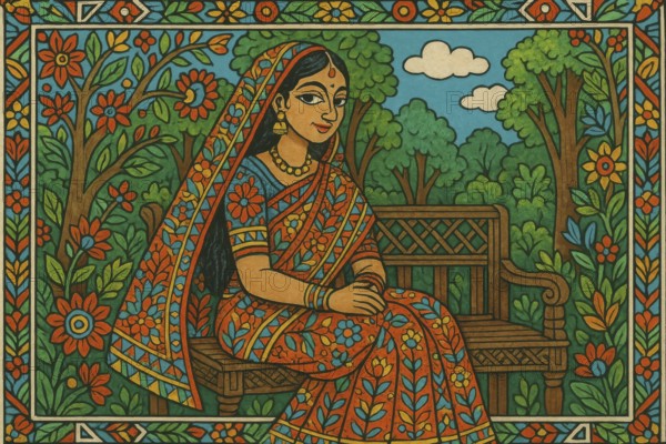 This colorful illustration depicts a woman in a sari, enjoying a peaceful moment in a lush garden