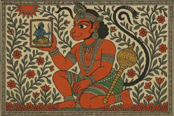 This colorful artwork depicts the Hindu deity Hanuman with a portrait of Rama, showcasing