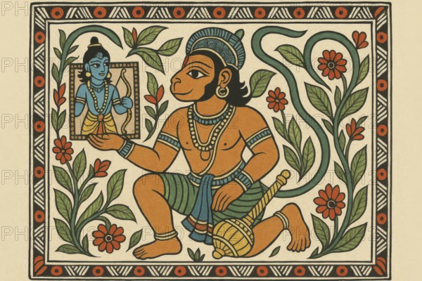 This vibrant artwork depicts Hanuman, a central figure in the Hindu epic Ramayana, with intricate