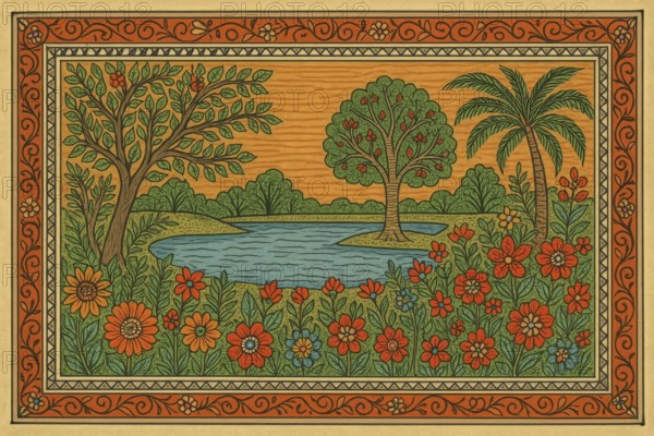 This colorful artwork depicts a peaceful scene with lush vegetation and a calm body of water,