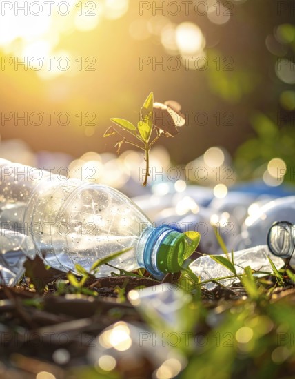 Crushed plastic water bottle waste in a wild landscape, symbol for nature protection, waste
