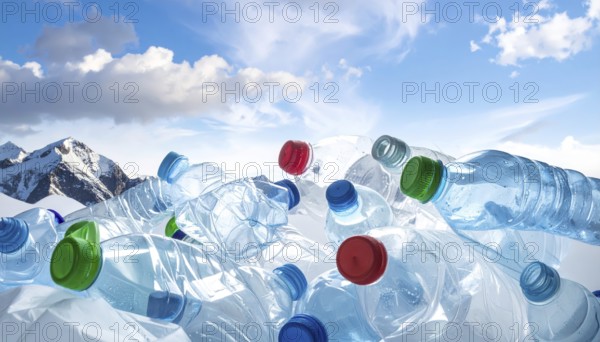 Crushed plastic water bottle waste in a wild landscape, symbol for nature protection, waste