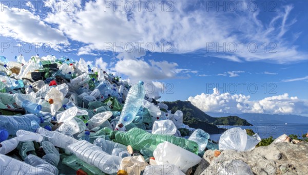 Crushed plastic water bottle waste in a wild landscape, symbol for nature protection, waste