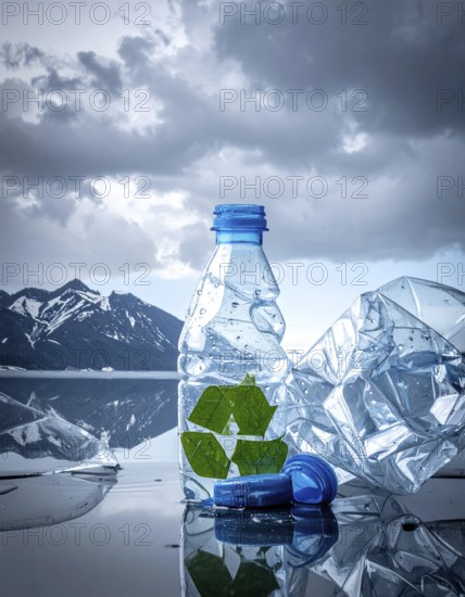 Crushed plastic water bottle waste in a wild landscape, symbol for nature protection, waste