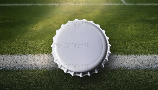 A white bottle cap placed on a soccer field's grass near a white line, symbolizing sports,