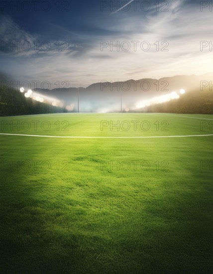 A soccer field with a bright green grass and a cloudy sky. The field is empty and the only light