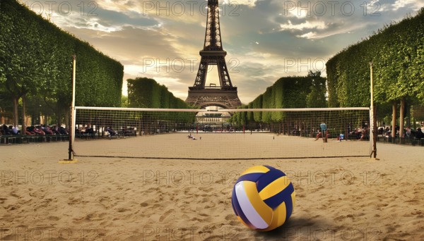 A volleyball court set up near the Eiffel Tower, highlighting the excitement and preparation for