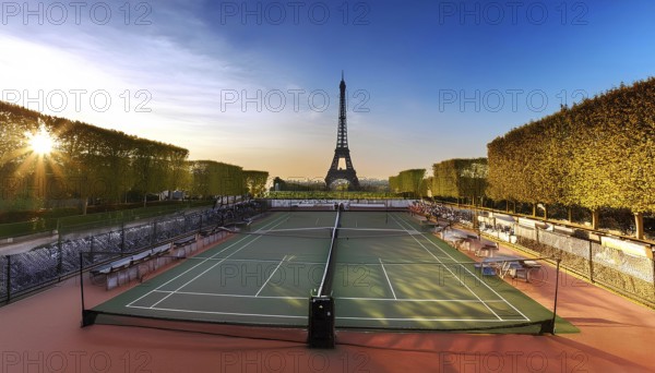 Tennis courts bathed in sunlight with the Eiffel Tower in the background, symbolizing the Paris