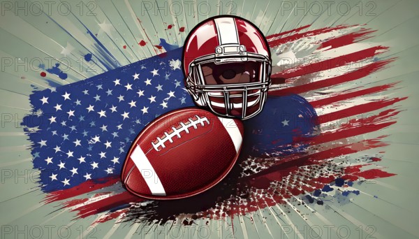 American football helmet and ball celebrating super bowl with grunge usa flag background, AI