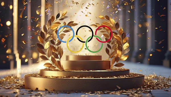 Award ceremony of the Olympic Games.Wallpaper of a trophy with the logo of the Olympic games, AI