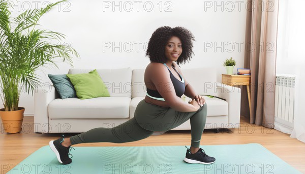 A woman is doing a yoga pose on a mat in a living room. She is wearing a green top and green pants,