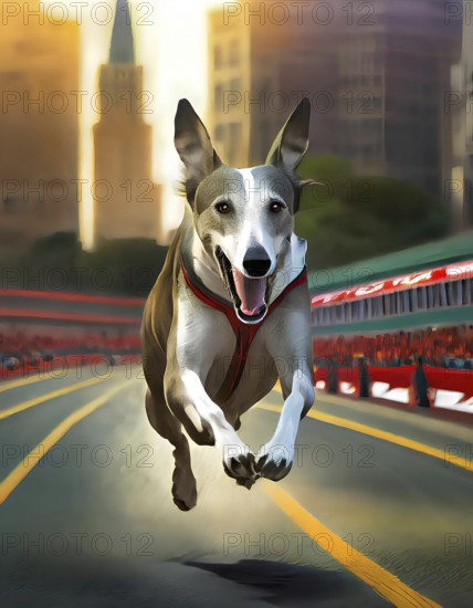 A grey and white dog is running on a track. The dog is wearing a red harness and is smiling.
