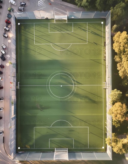 A soccer field with a green surface and white lines. The field is surrounded by a fence and trees,