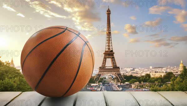 Sports of the Olympic Games. Basketball. A close-up of a basketball placed on a ledge with the