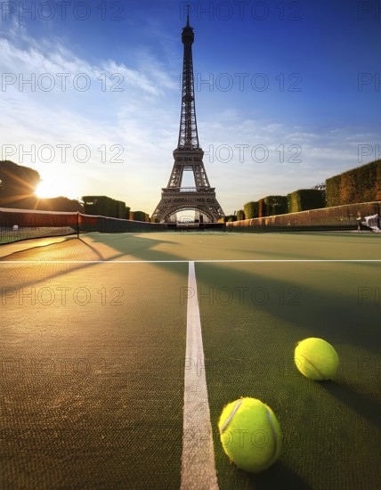 A tennis court with tennis balls and the Eiffel Tower in the background during sunset, symbolizing
