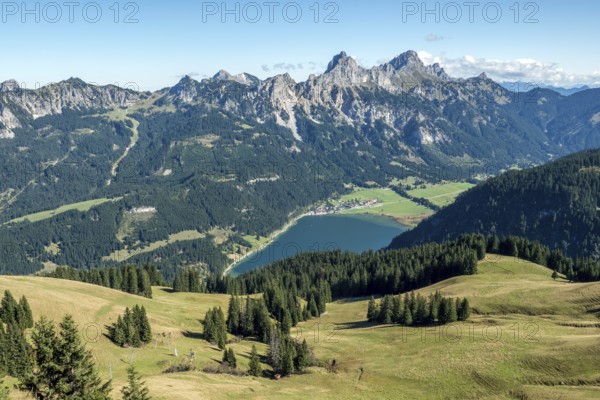 View from Neunerköpfle of Haldensee with Haller, Tannheimer Berge, Schartschrofen and Rote Flüh