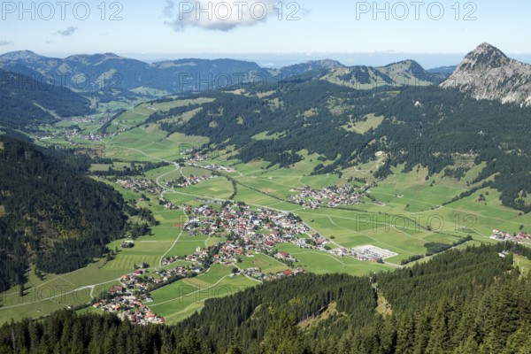 Allgäu Alps, view of Tannheim and the Tannheimer Valley from the Neunerköpflebahn, Tyrol, Austria