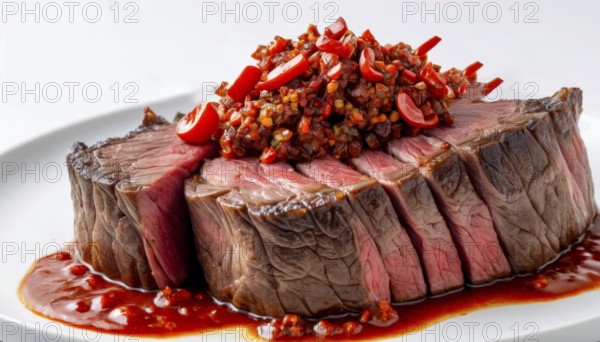This beautifully plated steak is a culinary delight, perfect for food blogs and restaurant menus,