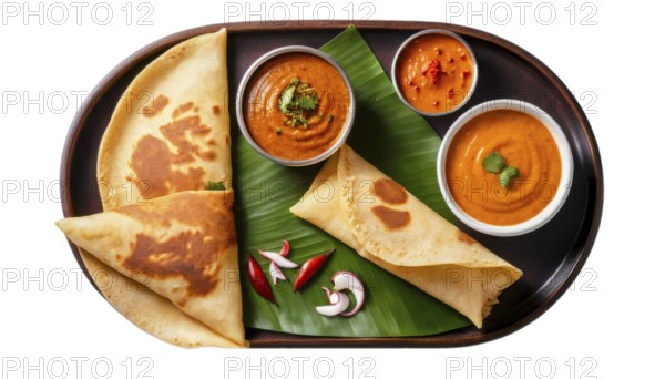 This overhead shot showcases a traditional South Indian breakfast of dosa, sambar, and chutney,