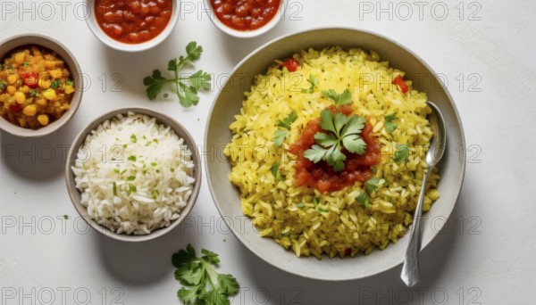 This vibrant image showcases a flavorful meal with rice, various sauces, and fresh herbs, perfect