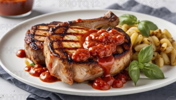 This delicious meal features perfectly grilled pork chops, a rich tomato sauce, and fresh basil for