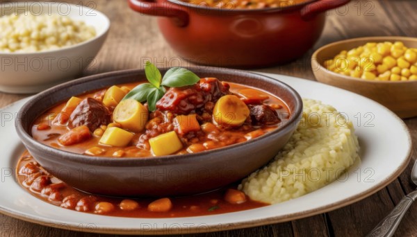 This delicious stew is served with a side of couscous and corn, perfect for a warm and comforting