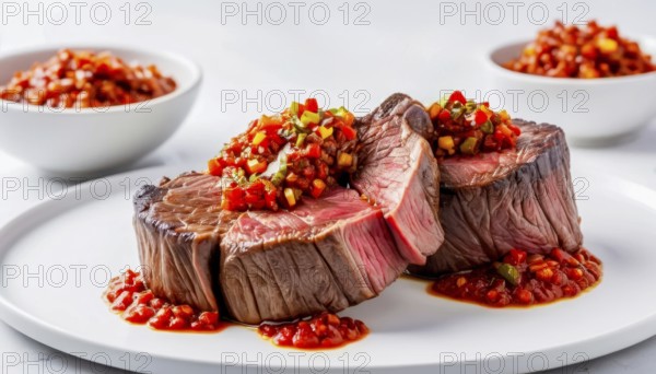 This mouthwatering dish features perfectly cooked steak topped with a colorful salsa, ready to be