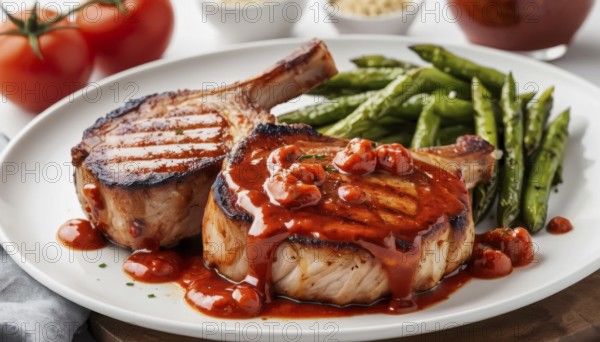 This image showcases a beautifully plated meal of grilled pork chops, vibrant tomato sauce, and
