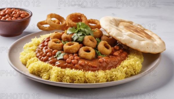 This flavorful dish features a vibrant yellow rice base, topped with savory beans and crispy onion