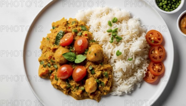 This vibrant dish features a flavorful curry, fluffy rice, and fresh tomato slices, perfect for a